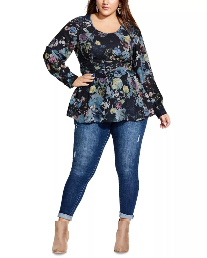 Front of a model wearing a size Petite S City Chic Women's Plus Lace up Floral Print Top Blue Size Petite Small in Blue by City Chic. | dia_product_style_image_id:317093